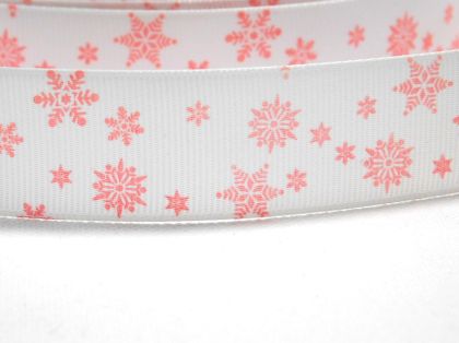 Панделка рипс - Бяла Розови снежинки  - 2 м. / 2,50 см