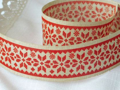 Панделка - Лен с червени мотиви - 1 м.