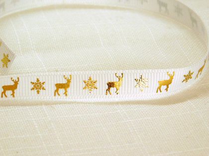 Панделка Рипс - Бяло Златни еленчета  - 1.00 м.