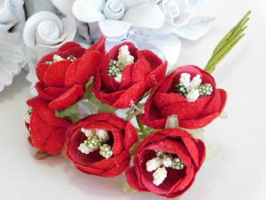 Текстилни божури със захаросани тичинки - Кармин червено