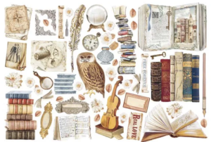 Комплект изрязани елементи Метализирани и Самозалепващи - Vintage Library -  53 елемента