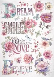 Фина оризова хартия за декупаж 21 x 29.7 cm. Dream Smile Love Believe