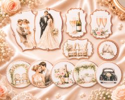 Комплект готови декоративни композиции Rose Gold Wedding – 3D елементи за картички и scrapbooking - 11 броя