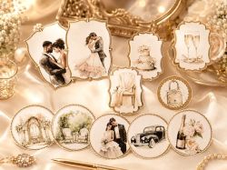 Комплект готови декоративни композиции Old Gold Wedding – 3D елементи за картички и scrapbooking - 11 броя