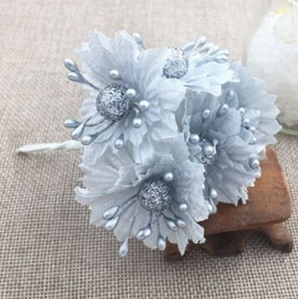 Текстилни цветя с топче - Сребро - 6 бр.