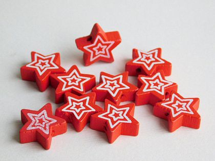 Дървени елементи за нанизване - Звездички - Червено -  10 бр.