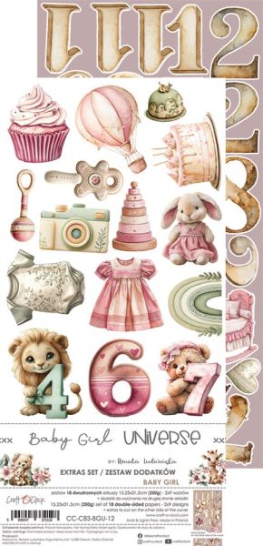 Комплект дизайнерска хартия с елементи за изрязване - Baby Girl Universe EXTRAS MIX - 18 листа