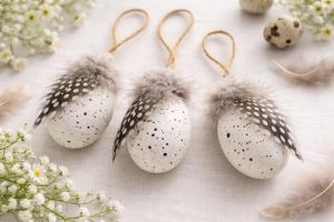 Бели декоративни яйца  с пера - 3 бр.