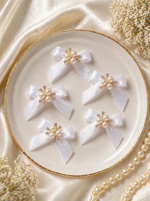 Луксозни сатенени Мини панделки в Бяло с перли и камъчета - 5 бр.