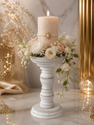 Shabby Chic Бял Дървен Свещник / Поставка - 10.50 х 17,00 см